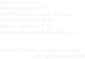 
Patricia Coenraets
Rue du Manypré, 129, 
B-1325 Corroy-le-Grand, Belgique
Tél//Fax +32 10 68 80 24  
Mobile: +32 476 56 11 10
patricia.coenraetsAROBAZmac.com
